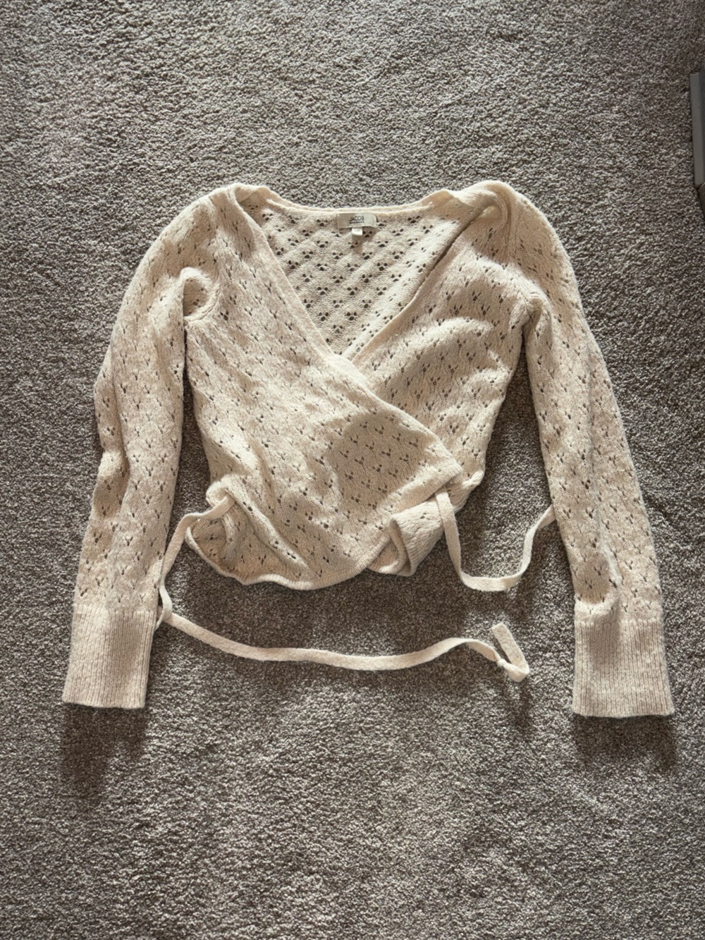 Y2K Size S-M WOOL Light Cream Jacob Connexion Open-Knit Tie-Front Cardigan